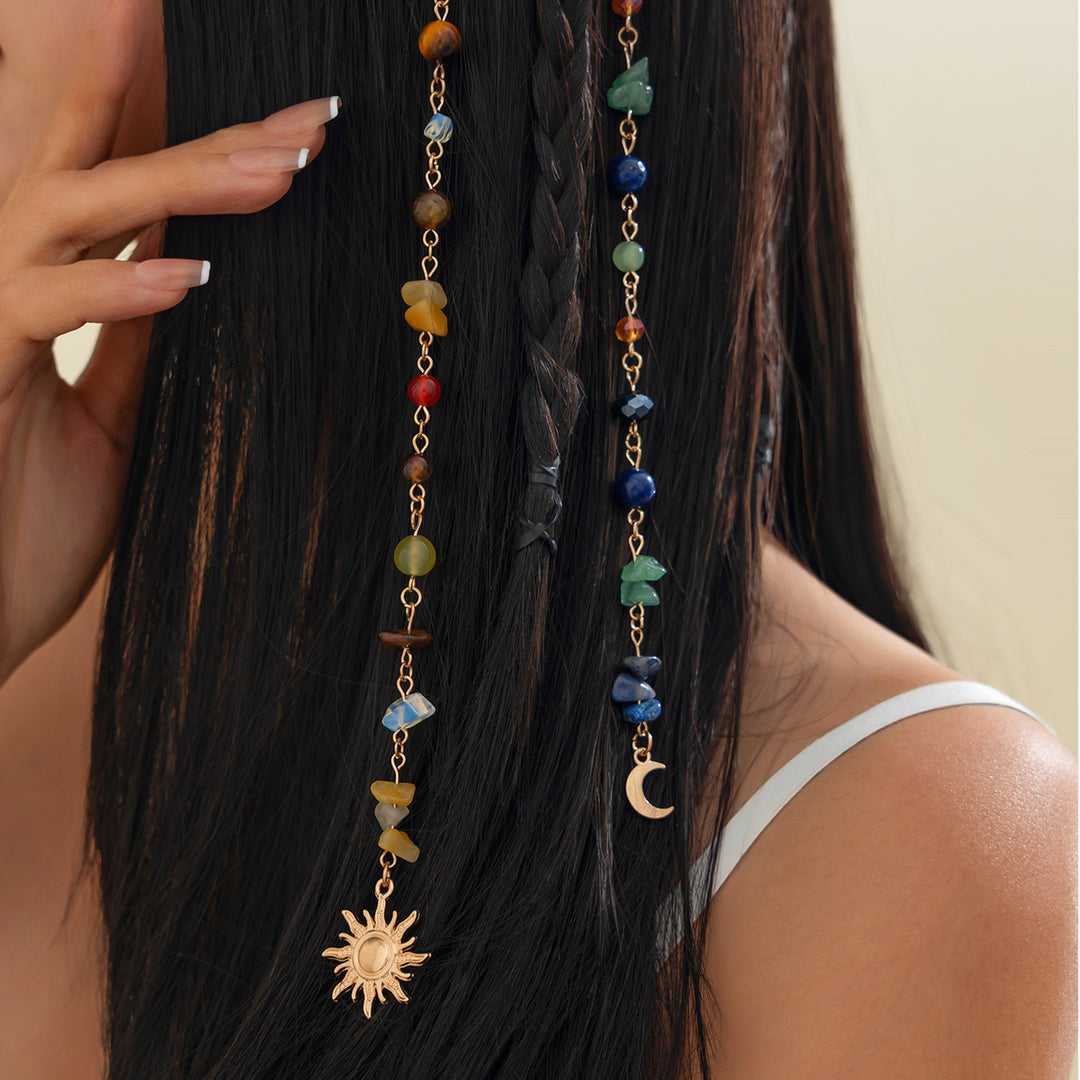 Chakra Natural Stone Sun & Moon Tassel Hair Chain, Bohemian Handmade Beaded Hair Accessory