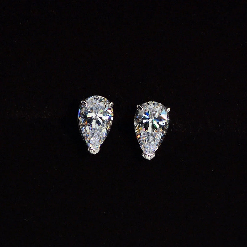 Pear Teardrop Single Diamond Stud Earrings, Minimalist 4-prong Setting Solid Diamond Studs, Silver Luxury Earrings