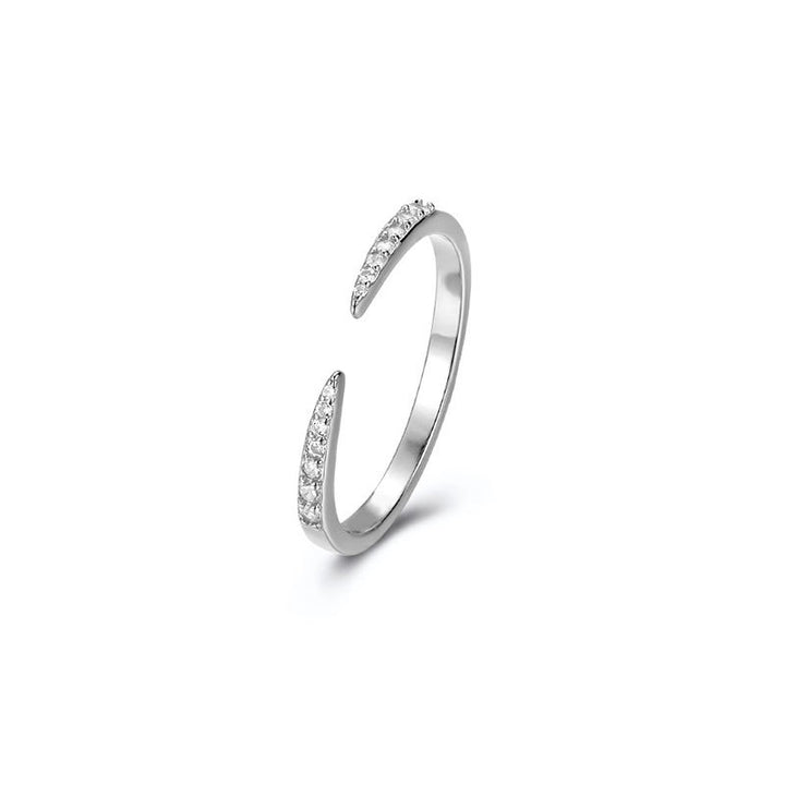 Dual Tip Paved Diamond Open Thin Ring, Minimal Micro-Paved Adjustable Geometric Line Band for Women
