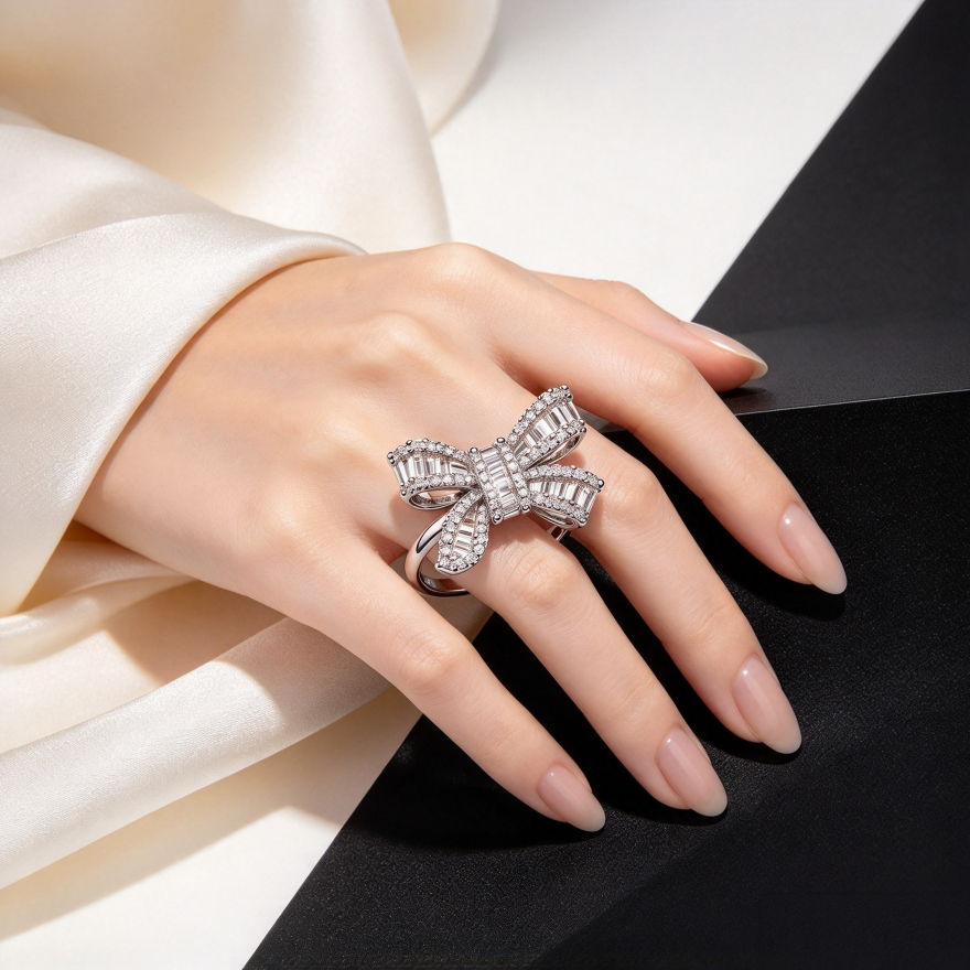 Baguette Full Diamond Bow S925 Silver Ring