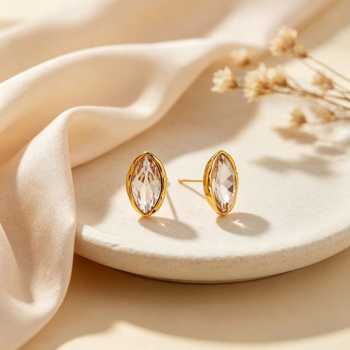 Irregular Bezel Set Marquise Diamond Stud Earrings, Minimalist Luxury Oval Cut Diamond Earrings, Gold & Silver Two Tones Available