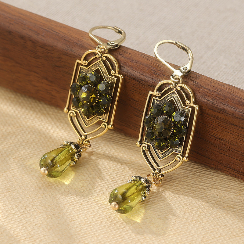 Vintage Bronze Hollow Green Diamond Teardrop Drop S925 Silver Leverback Earrings, European Classical Carved Long Dangle Earrings