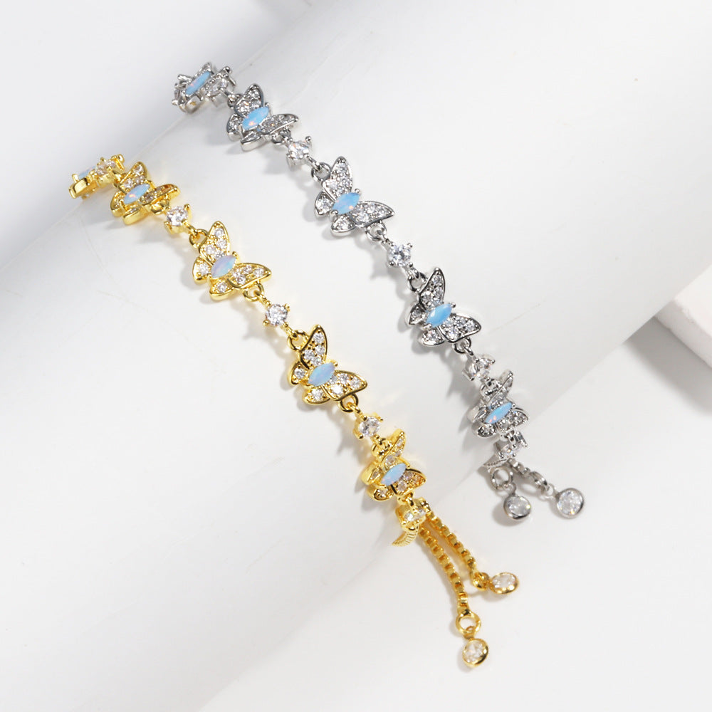 Iridescent Shell Butterfly & Pave Diamond Slider Bracelet (Sweet-Cool Girlish Heart Light Luxury Style)
