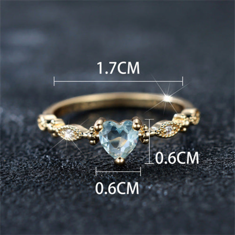 Vintage Lace Heart Light Blue Diamond Thin Ring, French Light Luxury Heart Gem Band