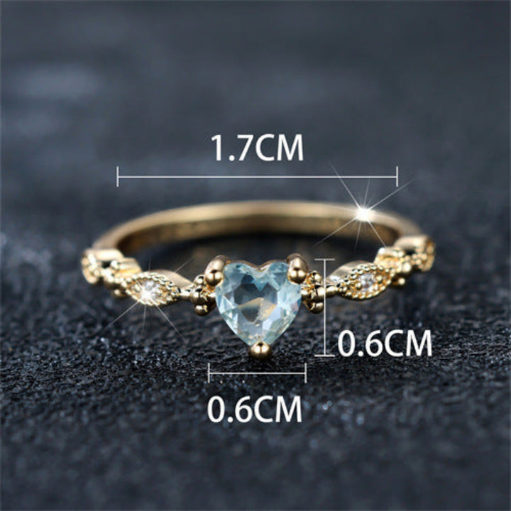 Vintage Lace Heart Light Blue Diamond Thin Ring, French Light Luxury Heart Gem Band