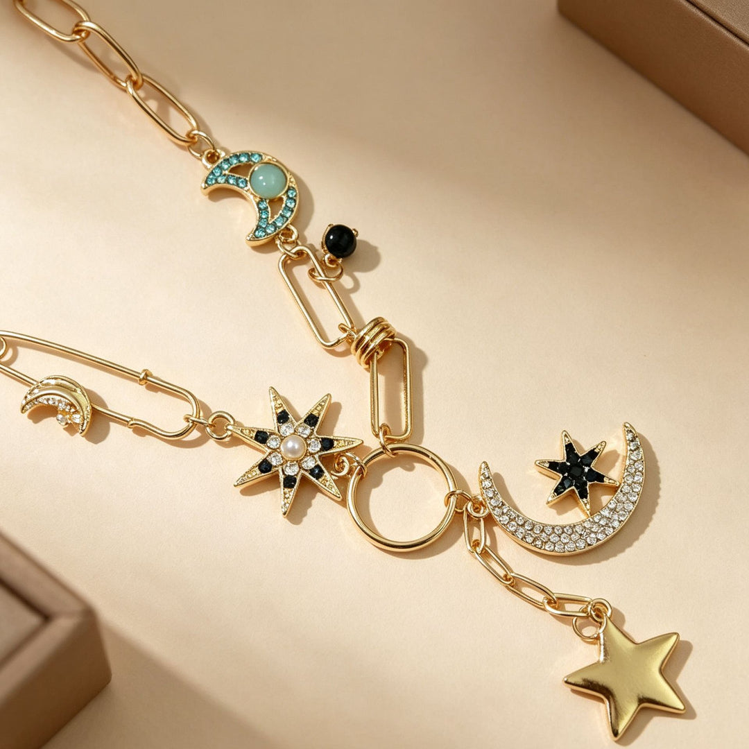 Gold Paperclip Chain Necklace With Multi Moon & Star Charms