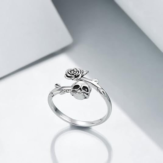 Vintage Skull Rose Open Ring, Gothic Punk Adjustable Unisex Statement Ring for Men & Women
