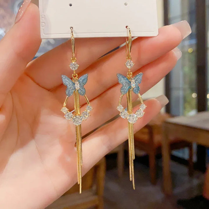 Colorful Butterfly Long Tassel Hook Earrings, Gradient Butterfly Diamond Dangle Earrings, Two Colors Available
