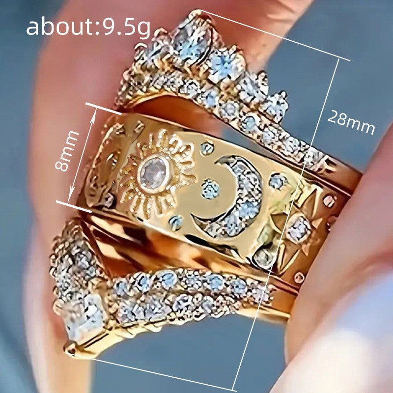 Sun Moon Star 3Pcs Ring Set, Crown V-Shape Vintage Engraved Stacking Bands Gold Silver Bridal Ring Set