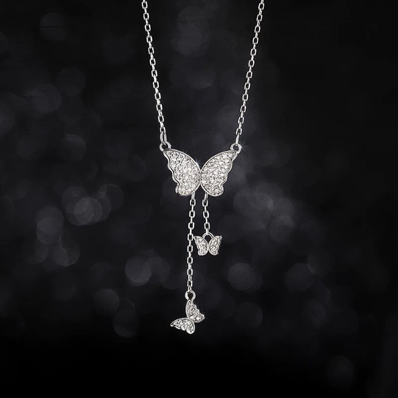 Pavé Triple Butterfly Tassel Necklace, Multi-Size Butterfly Drop Collarbone Chain, Gold & Silver Options