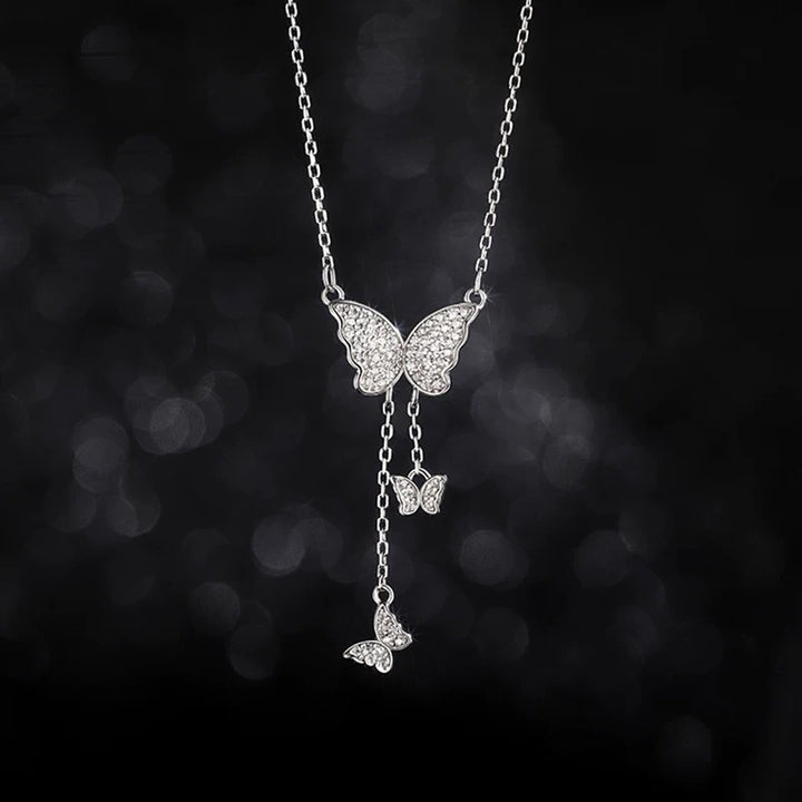 Pavé Triple Butterfly Tassel Necklace, Multi-Size Butterfly Drop Collarbone Chain, Gold & Silver Options