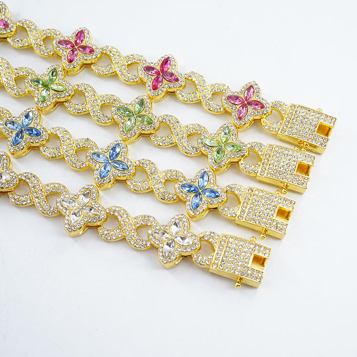 Infinity Knot Clover Clear Diamond Jewelry Set, Gold & Silver Tone Luxury Pave White Gemstone Bracelet & Necklace