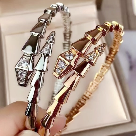 Segmented Snake Diamond Open Bangle, Gold Silver Rose Gold Paved Rhinestone Serpent Cuff Bracelet