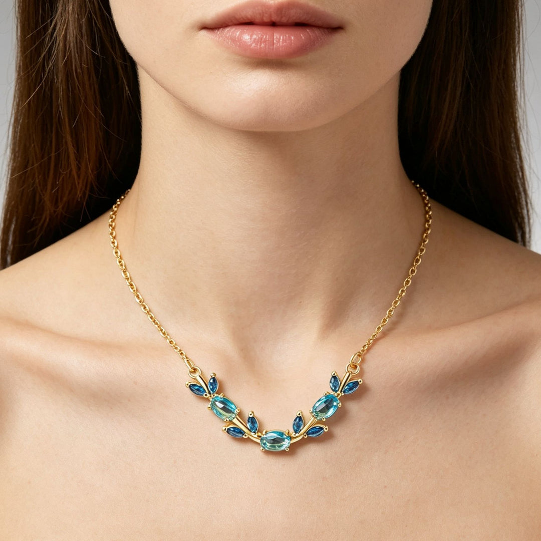 V‑Shaped Leaf‑Branch Color Diamond Choker Necklace, Multiple‑Colors Available