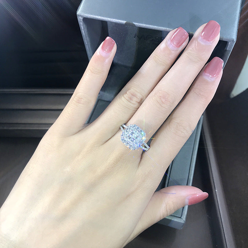 Emerald Cut Halo Paved Ring, Gold & Silver Luxury Double Shank Engagement Wedding Band for Women