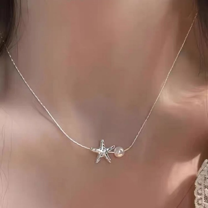 Starfish & Pearl Pendant Necklace (Silver Ocean-Inspired Choker)
