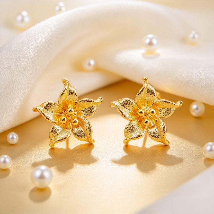 Vintage Textured Golden Flower S925 Silver Stud Earrings