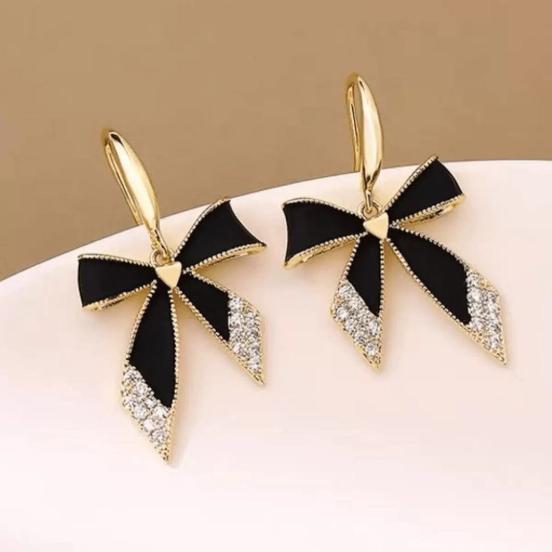 Black Enamel & Diamond Bow Drop Huggie Earrings (Gold Tone Elegant Statement Hoops)