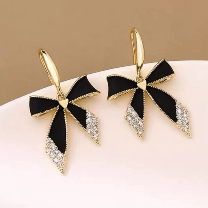 Black Enamel & Diamond Bow Drop Huggie Earrings (Gold Tone Elegant Statement Hoops)