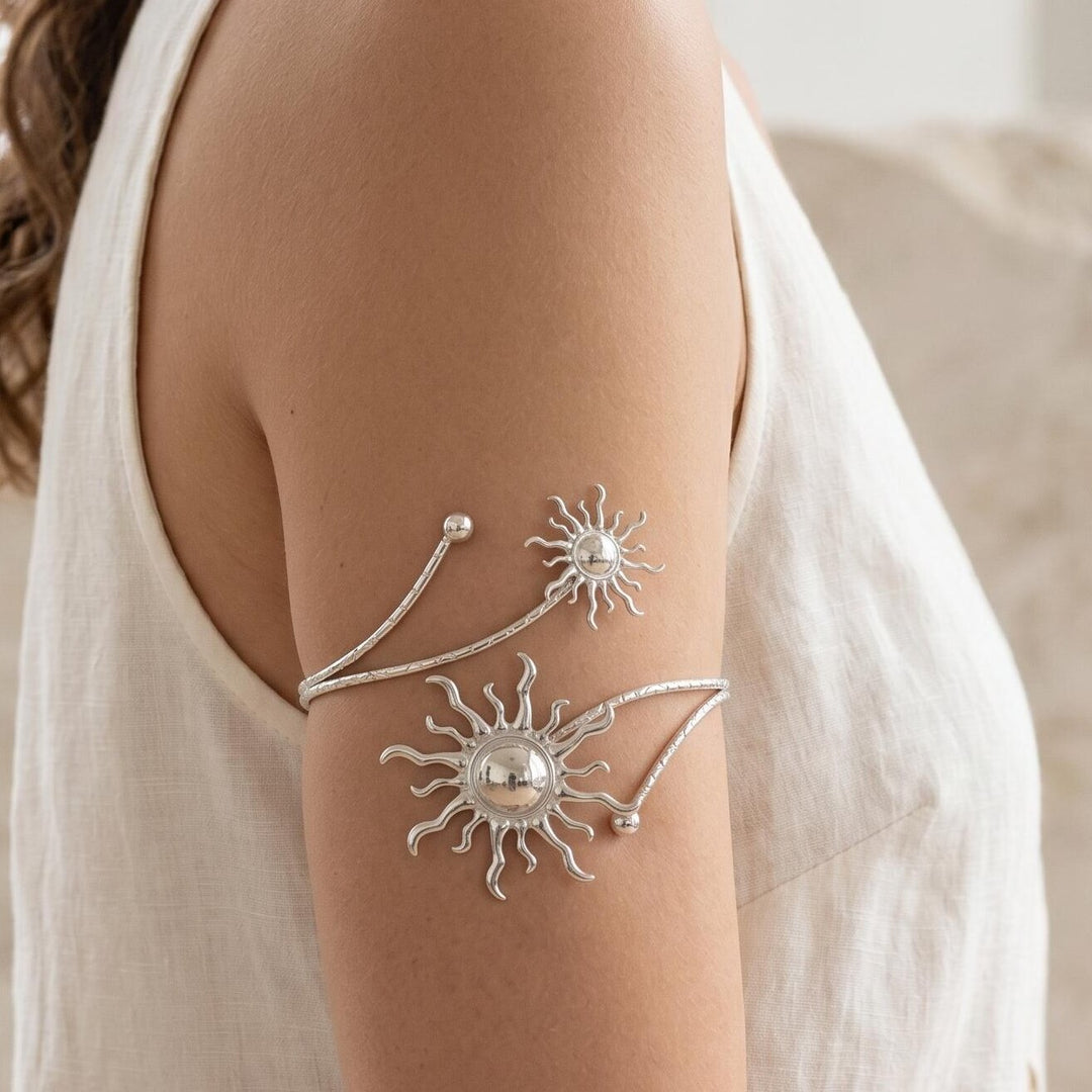 Vintage Dual Sun Pattern Adjustable Arm Cuff, Gold & Silver Bohemian Open Upper Arm Bracelet