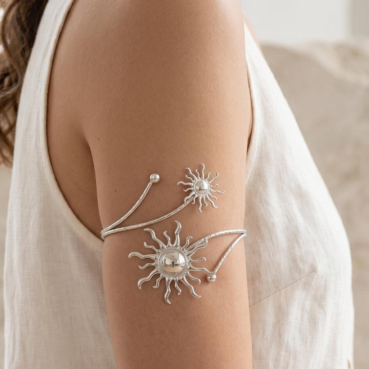 Vintage Dual Sun Pattern Adjustable Arm Cuff, Gold & Silver Bohemian Open Upper Arm Bracelet