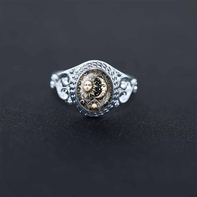 Vintage Sun‑Moon Print Open‑work S925 Sterling Silver Ring