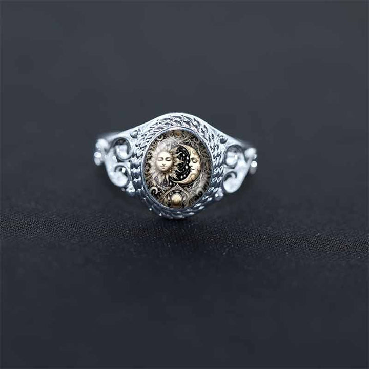 Vintage Sun‑Moon Print Open‑work S925 Sterling Silver Ring