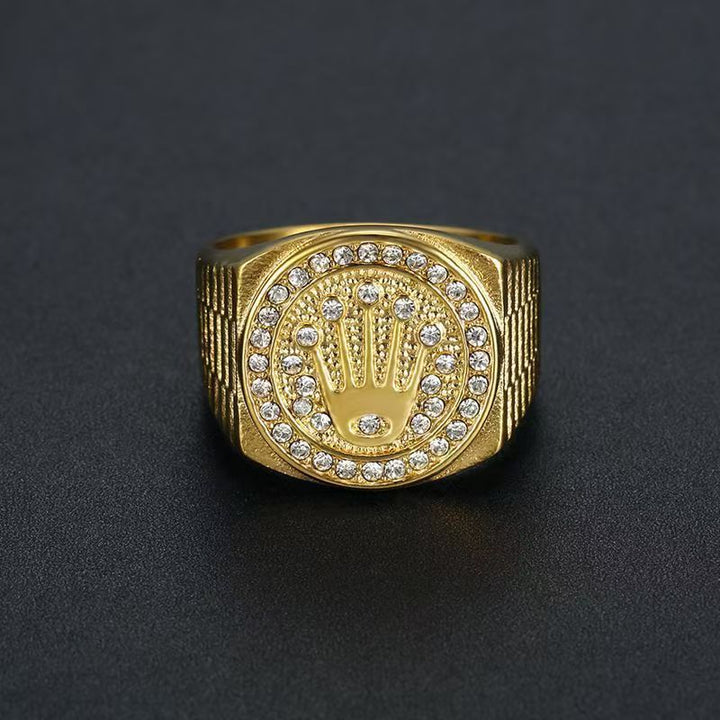 Hamsa Hand Paved Diamnd Vintage Wide Signet Ring, S925 Silver Gold & Silver Two Tone Hip Hop Men’s Band