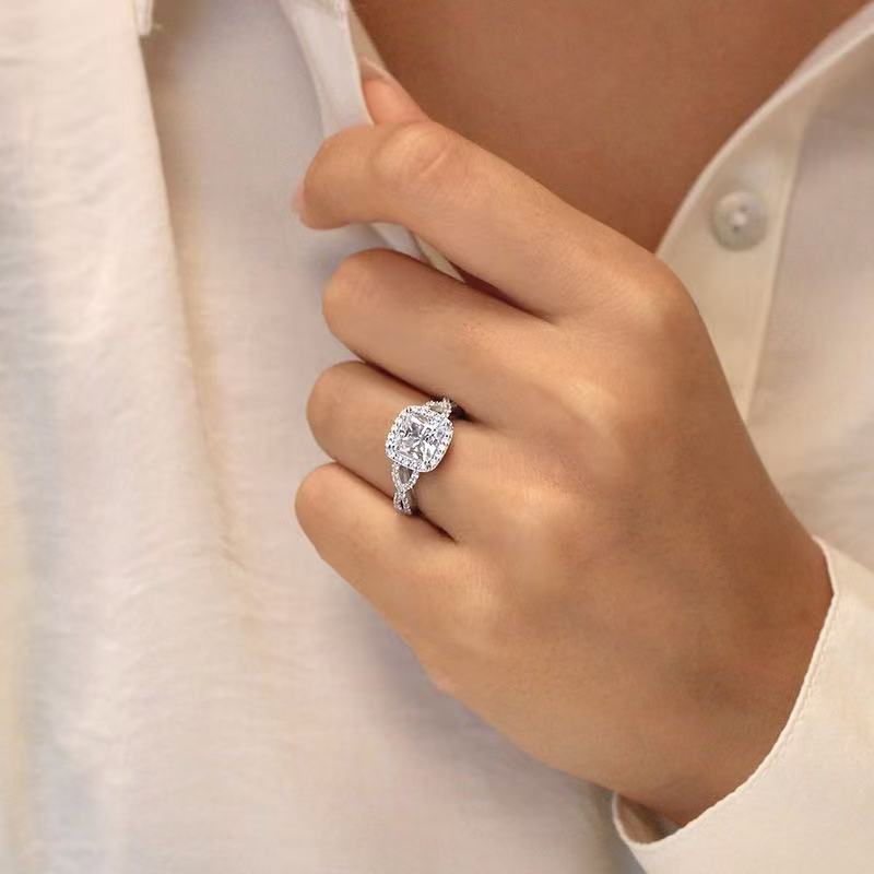 Square Center Diamond Halo Paved Ring, Luxury Twisted Split Shank Engagement Promise Ring for Women