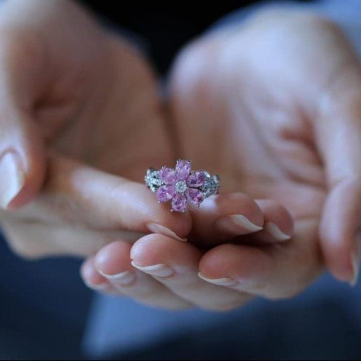 Six-Petal Pink Diamond Flower Open Ring, Heavy Luxury Sakura Pink Diamond Adjustable Hollow Band