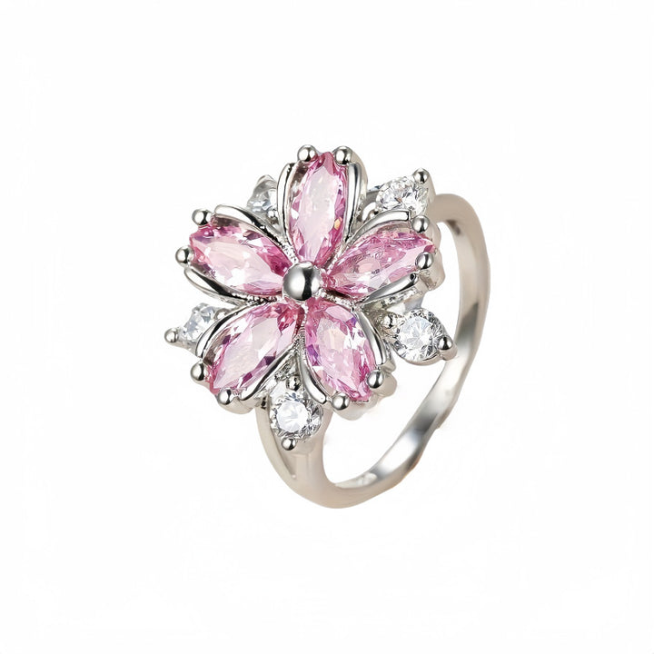 Cherry Blossom Marquise Diamond Ring, Floral Ring with Pink & Clear Stones Two Colors Available