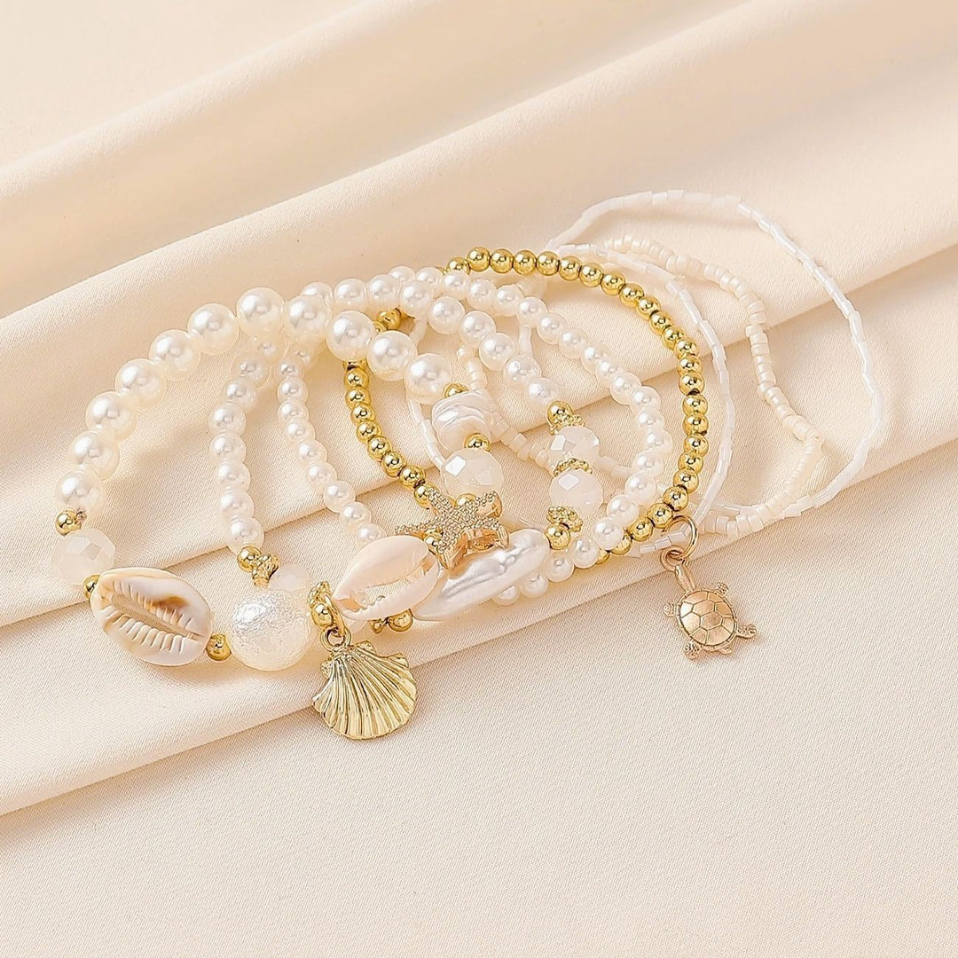 Ocean Style Boho Multi-Layer Shell & Starfish Bracelet, Stackable Beach Vacation Bracelet