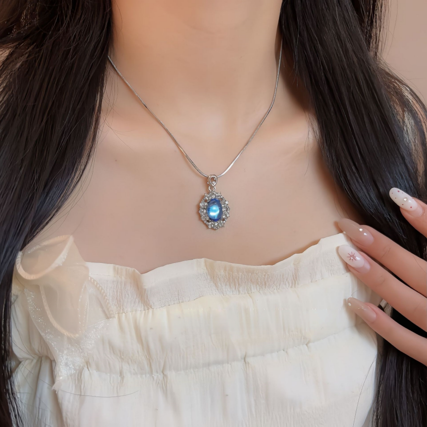Vintage Sapphire Halo Pendant Snake Chain Necklace & Starry Blue Stone Cross Bracelet Set, Luxury Deep Blue Gem Jewelry Set