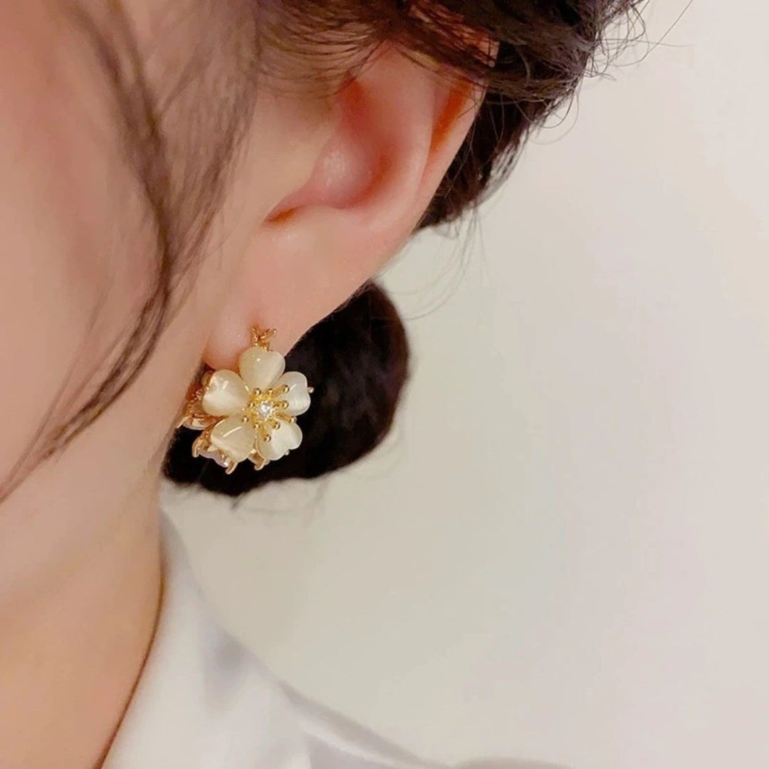 Diamond Flower S925 Silver Hoop Earrings, Luxury 3D Diamond Petal Earrings