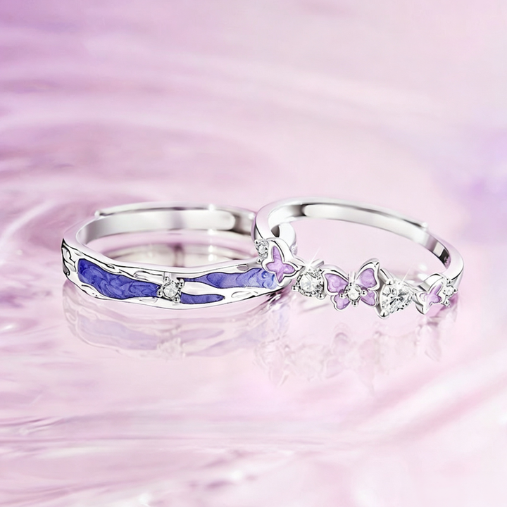 Purple‑Tone Butterfly Couple Open Ring Set