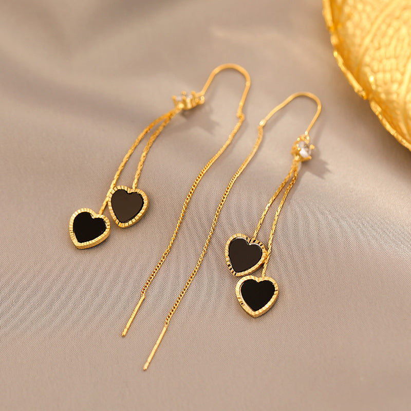Double Black Heart Tassel Threader Earrings (Luxury Sweet & Edgy Earrings)