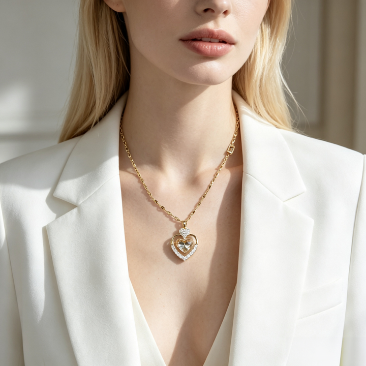 Double Layer Heart Champagne Diamond Pendant Necklace