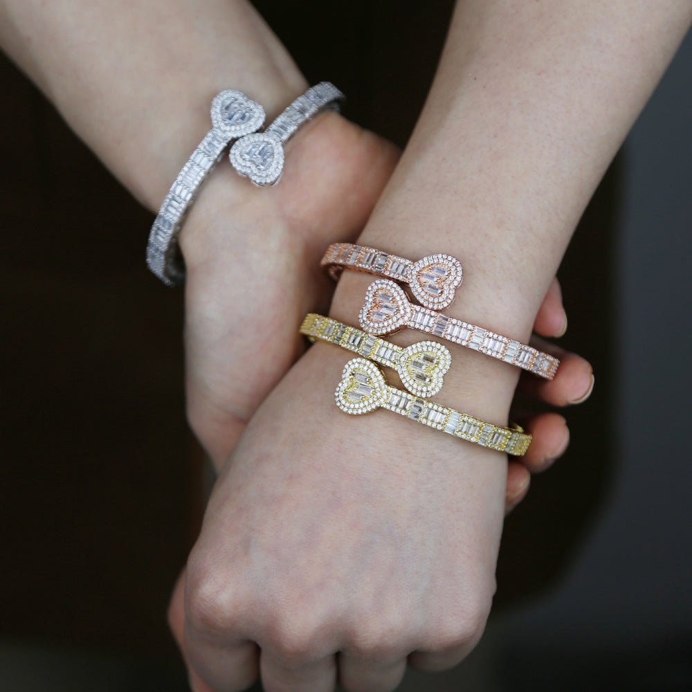 Luxury Hip-Hop Heart Full Diamond Open Bangle