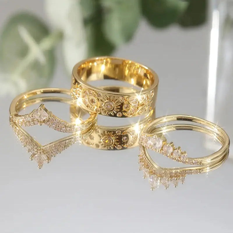 Sun Moon Star 3Pcs Ring Set, Crown V-Shape Vintage Engraved Stacking Bands Gold Silver Bridal Ring Set