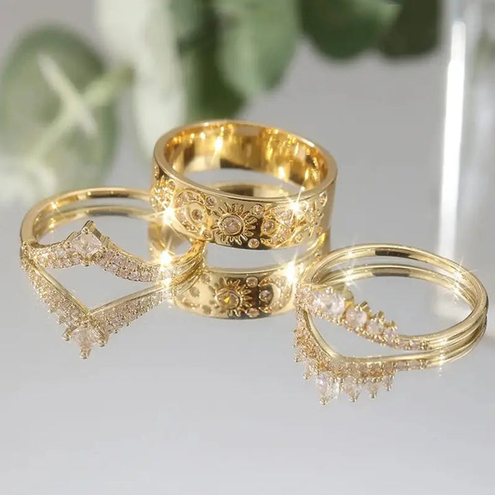 Sun Moon Star 3Pcs Ring Set, Crown V-Shape Vintage Engraved Stacking Bands Gold Silver Bridal Ring Set