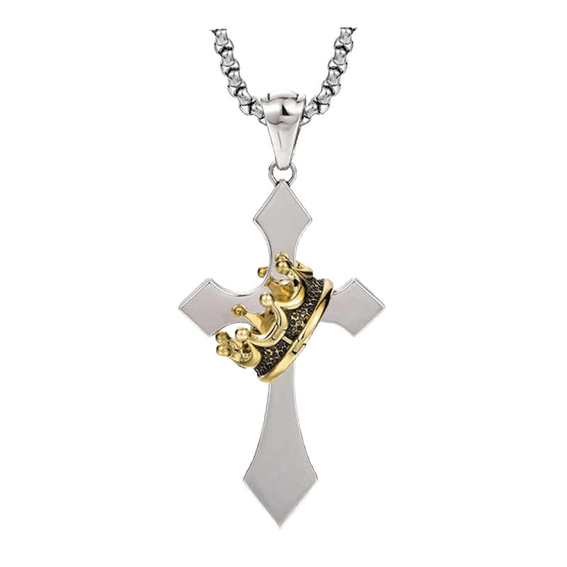 Golden Crown Cross Necklace – Men's Retro Thai-Silver Style Hip-Hop Pendant