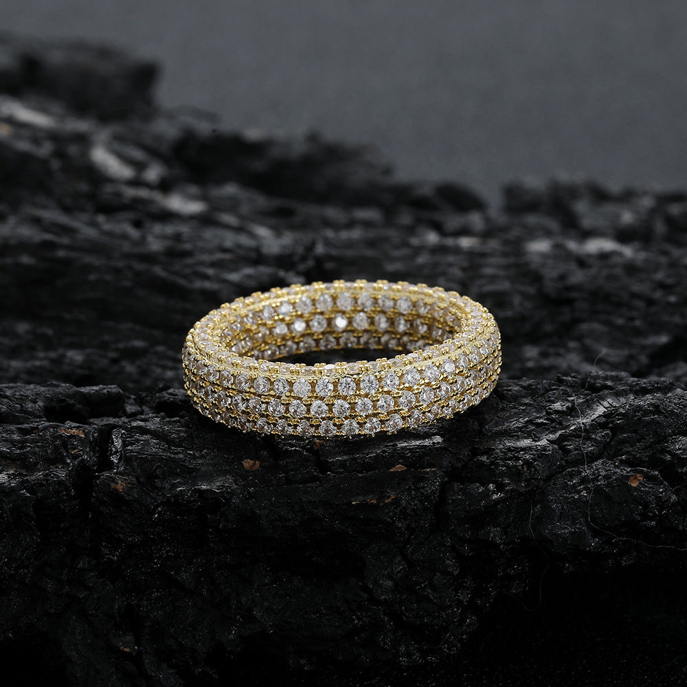 Full Zircon Hip-Hop Sterling Silver Ring · 18K Gold Plated 6mm Band