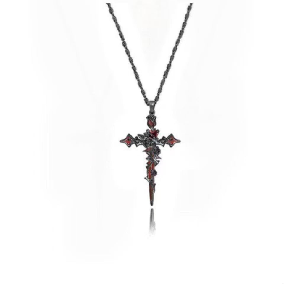 Gothic Fallen Angel Cross Earrings & Necklace Set with Red Heart and Rose – Silver Design