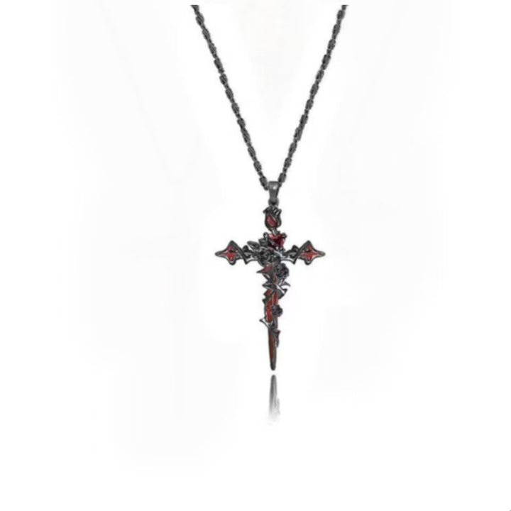 Gothic Fallen Angel Cross Earrings & Necklace Set with Red Heart and Rose – Silver Design