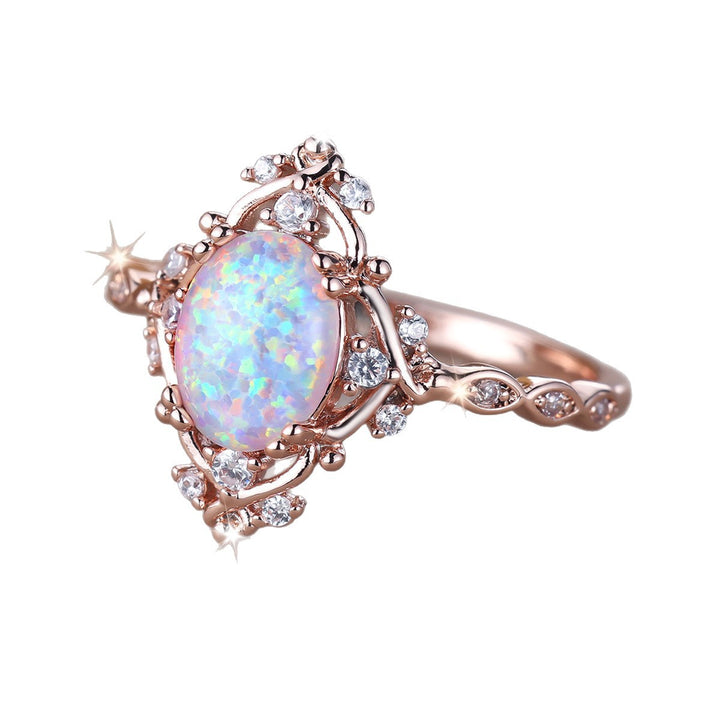 Vintage Court Style Opal Ring - Rose Gold Diamond-Inlaid Opal Band