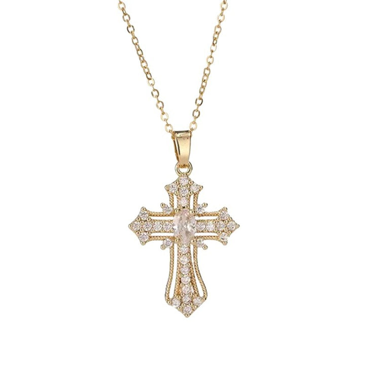Titanium Steel 14K Gold Plated Colored Diamond Cross Necklace - European and American Luxury Full Diamond Cross Pendant Choker
