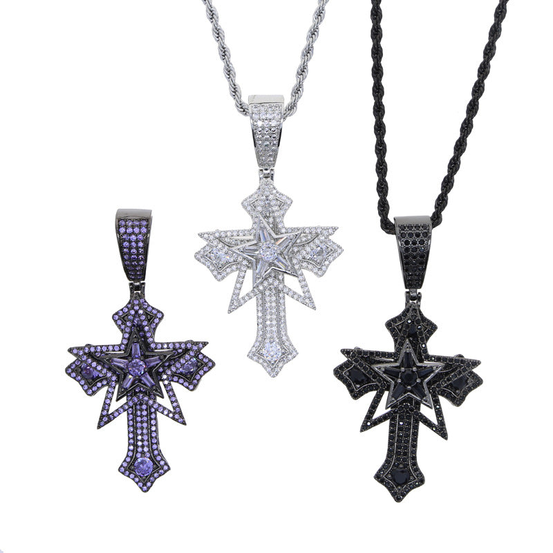 Hip-Hop Rotatable Pentagram Cross Zircon Pendant Necklace