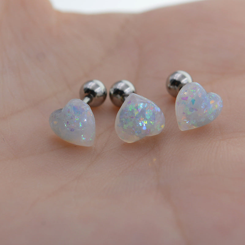 Sterling Silver Heart Opal Ear Studs, Lip Piercing, Tongue Piercing Jewelry