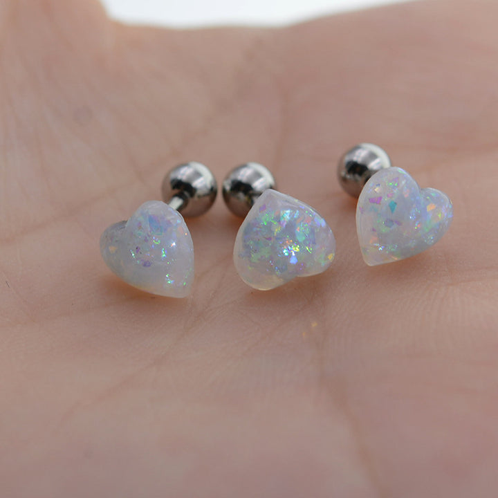 Sterling Silver Heart Opal Ear Studs, Lip Piercing, Tongue Piercing Jewelry