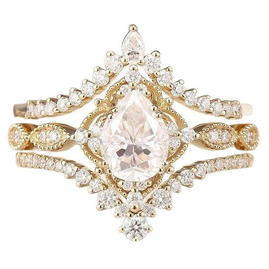 Moon-Star Teardrop Diamond Double Layer Stackable Ring (Dreamy Luxury Vintage Style)